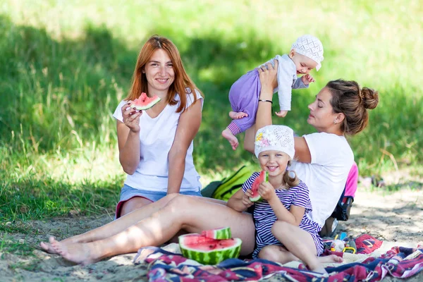 Concept Togetherness Bright Future Two Beautiful Women Baby Picnic Park — Stock Photo, Image