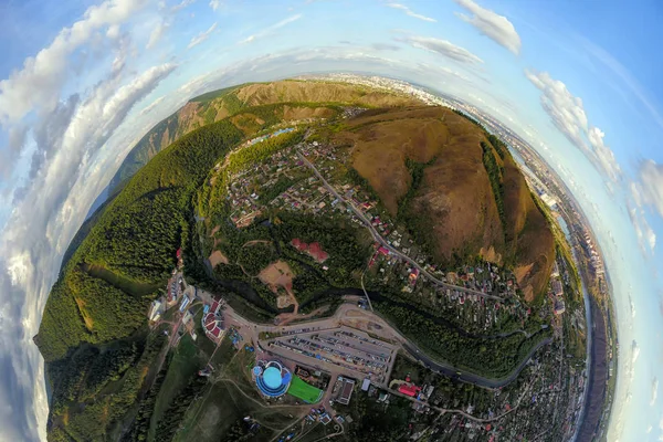 Disparo Helicóptero Fotografía Aérea Una Ciudad Moderna Sobre Una Zona — Foto de Stock