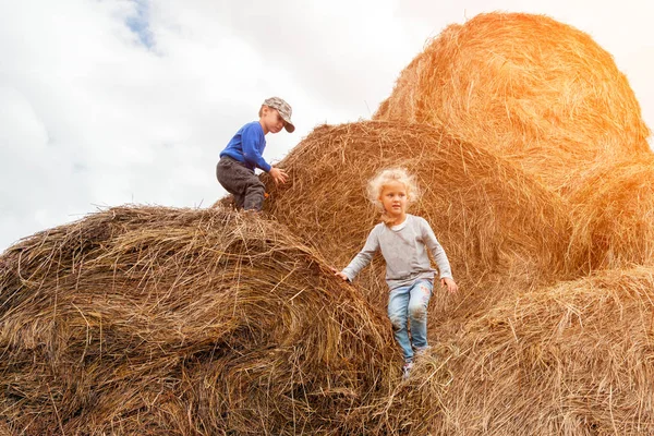 Little Boy Girl Haystacks Sunlight Running Playing Enjoying Nature Kid — Stock Photo, Image