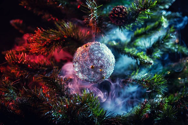 Silver Shiny Decoration Christmas Balls Colored Purple Red Smoke Christmas — Stock Photo, Image