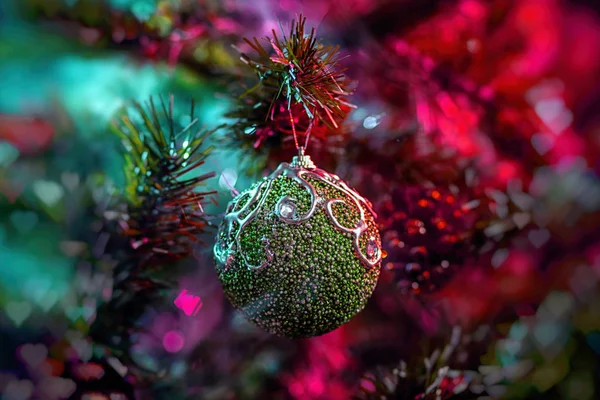 Green Shiny Decoration Christmas Balls Colored Purple Red Smoke Christmas — Stock Photo, Image