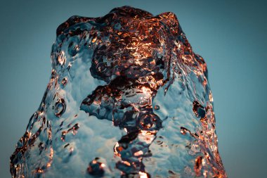 Güneş ışınlarının altında mavi bir zemin üzerinde bir sürü damla ve kabarcık olan su püskürtüleri. Büyük bir plan Büyük bir çeşmenin su dalgalarının dokusu