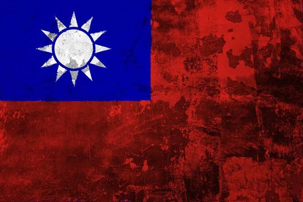 Státní Vlajka Tchaj Wanu Pozadí Staré Zdi Pokryté Loupající Barvu — Stock fotografie