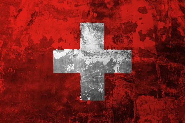 Státní Vlajka Švýcarska Pozadí Staré Zdi Pokryté Loupající Barvu — Stock fotografie