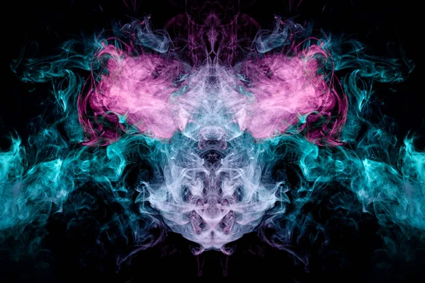 Fantasy print for clothes: t-shirts, sweatshirts. Pink and blue cloud of smoke in the form of a monster  of  black isolated background. Background from the smoke of vape.