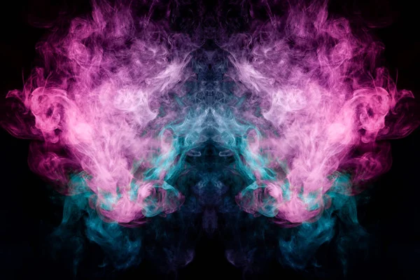 Fantasy print for clothes: t-shirts, sweatshirts. Pink and blue cloud of smoke in the form of a monster  of  black isolated background. Background from the smoke of vape.