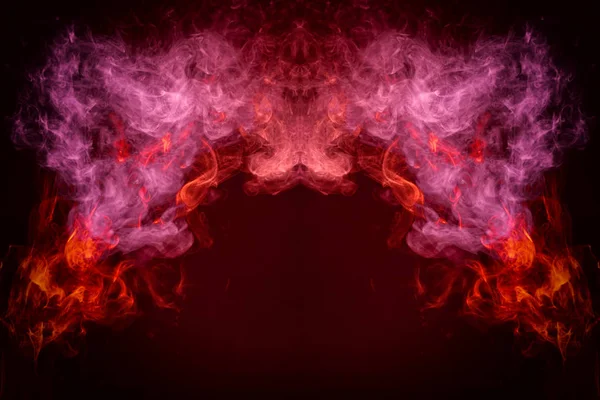 Fantasy print for clothes: t-shirts, sweatshirts.  Colorful pink and red smoke in the form of a skull, monster, dragon on a black isolated background. Background from the smoke of vap