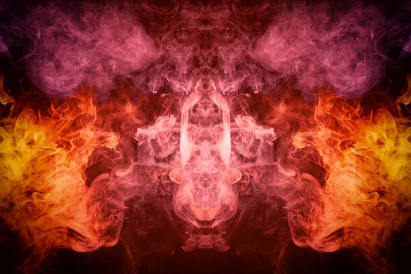 Fantezi elbise için baskı: t-shirtler, tişörtü. Kalın renkli duman pembe, kırmızı renk bir kafatası, canavar, dragon siyah Yalıtılmış zemin şeklinde duman. Vap duman arka plan