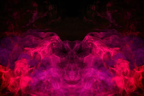 Fantasy print for clothes: t-shirts, sweatshirts. Pink and red cloud smoke  in the form of a skull, monster, dragon  on black  isolated background