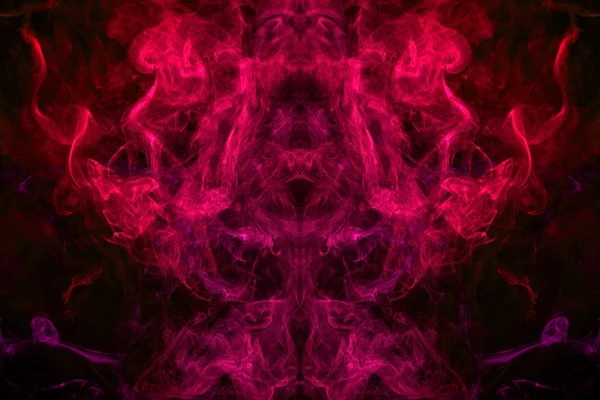 Fantasy print for clothes: t-shirts, sweatshirts. Pink and red cloud of smoke in the form of a monster  of  black isolated background. Background from the smoke of vape