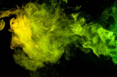 Yaratıcılık için dokusal arka plan. Kalın renkli duman yeşil, sarı siyah Yalıtılmış zemin. Vap duman arka plan