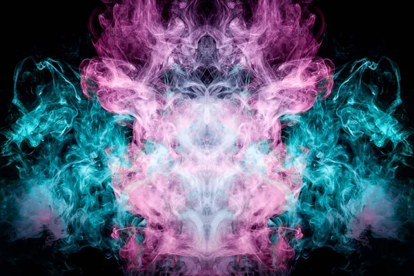 Fantasy print for clothes: t-shirts, sweatshirts. Thick colorful smoke of pink, blue colors smoke in the form of a skull, monster, dragon on a black isolated background. Background from the smoke of vap