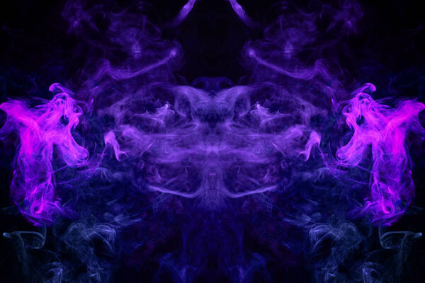 Mocap for cool t-shirts. Cloud of purple and blue smoke in the form of a skull, monster, dragon on a black isolated background. Background from the smoke of vape