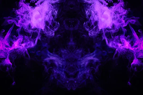 Fantasy print for clothes: t-shirts, sweatshirts. Thick colorful smoke of purple, blue colors smoke in the form of a skull, monster, dragon on a black isolated background. Background from the smoke of vap