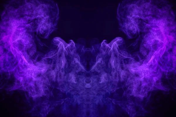 Fantasy print for clothes: t-shirts, sweatshirts. Purple and blue  cloud smoke  in the form of a skull, monster, dragon  on black  isolated backgroun