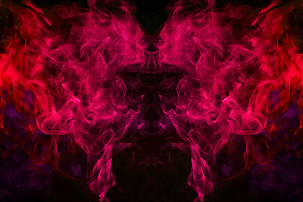 Fantasy print for clothes: t-shirts, sweatshirts. Pink and red cloud smoke in the form of a skull, monster, dragon on black isolated background