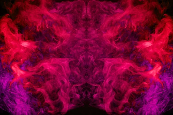 Fantasy print for clothes: t-shirts, sweatshirts. Pink and red cloud of smoke in the form of a monster  of  black isolated background. Background from the smoke of vape