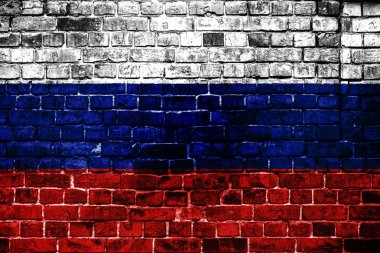 Bir tuğla zemin üzerine ulusal bayrak Rusya'nın. Rusya için kavram görüntü: dil, insanlar ve kültür.