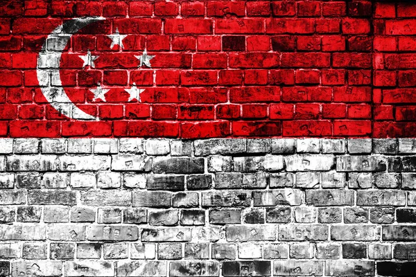 Nationale Vlag Van Singapore Een Achtergrond Van Baksteen Concept Afbeelding — Stockfoto