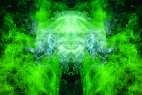Mocap for cool t-shirts. Thick colorful green smoke  in the form of a monster on a black isolated background. Background from the smoke of vape