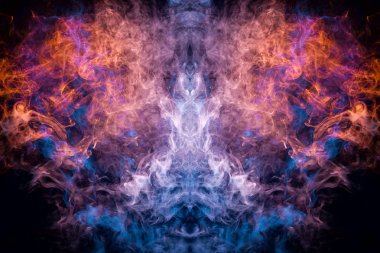 Kabarık Puffs kırmızı, mavi ve pembe bir kafatası, canavar, dragon siyah arka plan üzerinde şeklinde sis ve duman. Fantezi elbise için baskı: t-shirtler, tişörtü