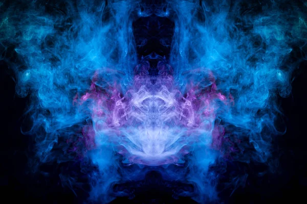 Fantasy print for clothes: t-shirts, sweatshirts.  Colorful blue and purple smoke in the form of a skull, monster, dragon on a black isolated background. Background from the smoke of vap