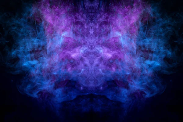 Mocap for cool t-shirts. Thick colorful blue and purple smoke  in the form of a monster on a black isolated background. Background from the smoke of vape