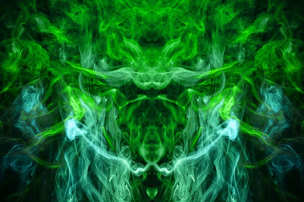 Mocap for cool t-shirts. Thick colorful green smoke  in the form of a monster on a black isolated background. Background from the smoke of vape