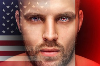 Amerika ve Kanada, Ulusal bayrakları bir izole siyah arka plan ve bayrak karşı gözleri olan, Genç bir ciddi adam portresi yansıyan