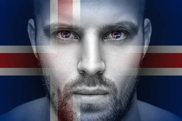 Retrato Joven Serio Cuyos Ojos Bandera Nacional Reflejada Islandia Sobre —  Fotos de Stock
