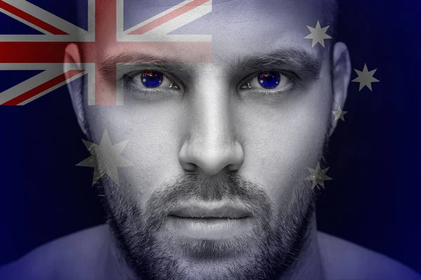 Retrato Joven Serio Cuyos Ojos Bandera Nacional Reflejada Australia Sobre —  Fotos de Stock