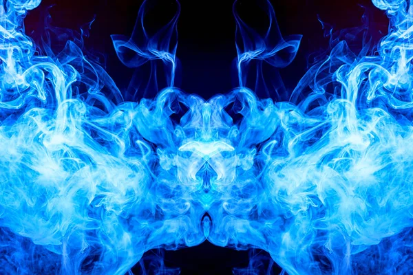 Mocap for cool t-shirts. Thick colorful blue smoke  in the form of a monster on a black isolated background. Background from the smoke of vape