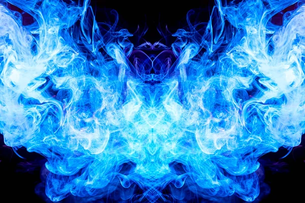 Mocap for cool t-shirts. Thick colorful blue smoke  in the form of a monster on a black isolated background. Background from the smoke of vape