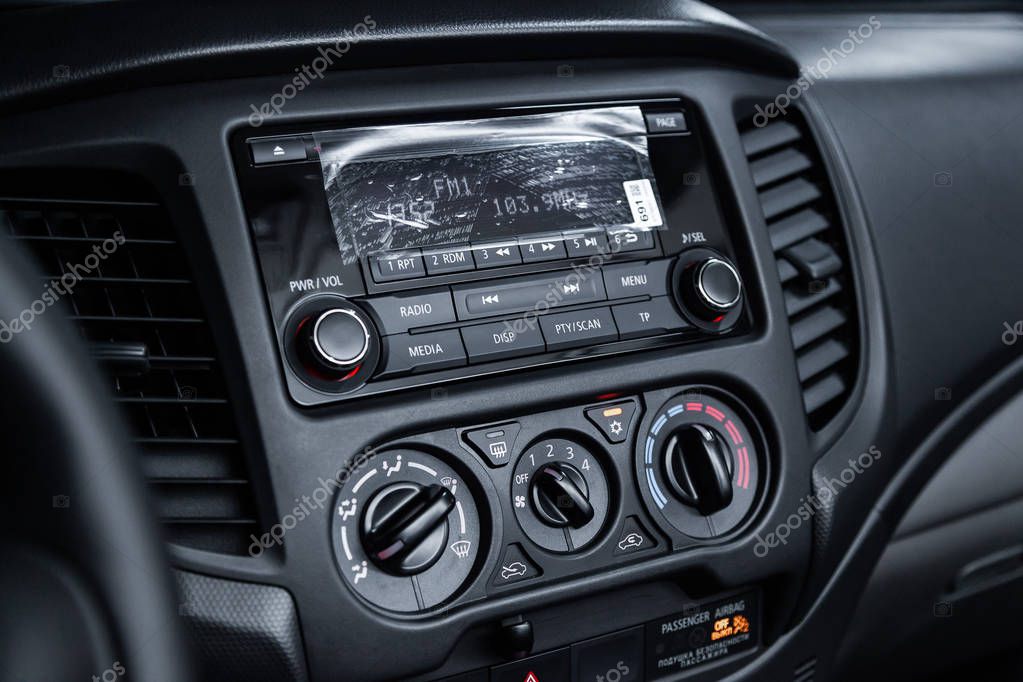 Novosibirsk, Russia - November 20, 2018:  Mitsubishi L200, close-up of the dashboard. Photography of a modern car on a parking in Novosibirsk