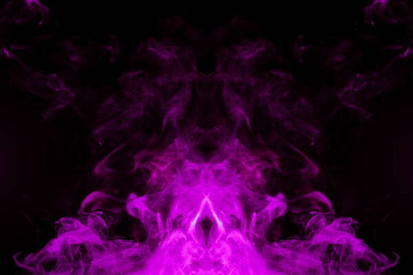 Thick colorful pink smoke in the form of a butterfly on a black isolated background. Background from the smoke of vape. Mocap for cool t-shirt