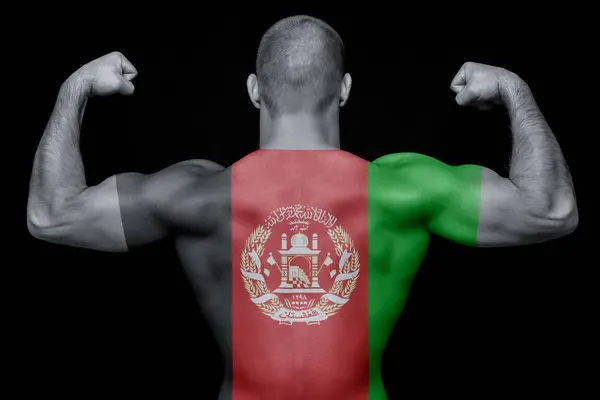 Tyłu Atletyczny Młodzieniec Noszenie Shirt Flagi Narodowej Afganistanu Czarnym Tle — Zdjęcie stockowe