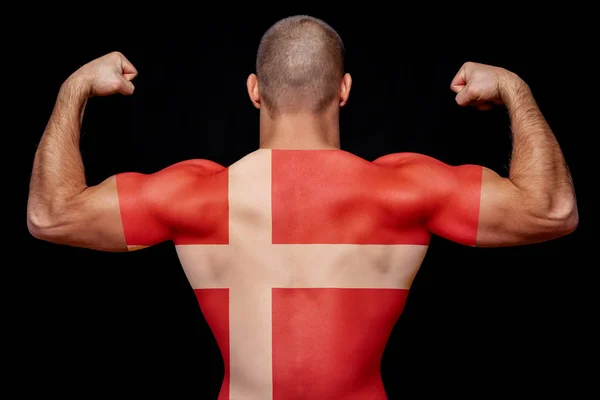 Baksidan Ung Atletisk Man Iklädd Shirt Med Danmark Flagga Svart — Stockfoto