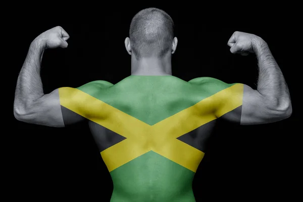Tyłu Atletyczny Młodzieniec Noszenie Shirt Flaga Narodowa Jamajka Czarnym Tle — Zdjęcie stockowe