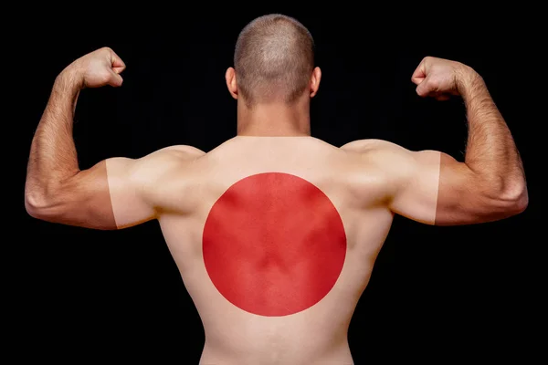 Tyłu Młody Człowiek Athletic Noszenie Shirt Flaga Narodowa Japonii Czarny — Zdjęcie stockowe