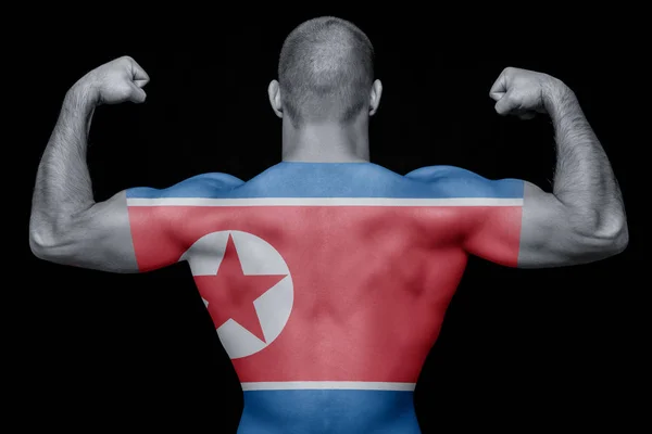 젊은이에 북한의 국기와 티셔츠를 긍지와 애국의 — 스톡 사진