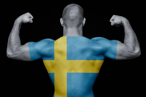 Baksidan Ung Atletisk Man Iklädd Shirt Med Sverige Flagga Svart — Stockfoto