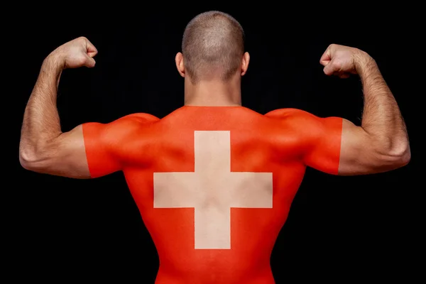 Tyłu Młody Człowiek Sportowy Noszenie Shirt Flaga Narodowa Szwajcaria Czarny — Zdjęcie stockowe