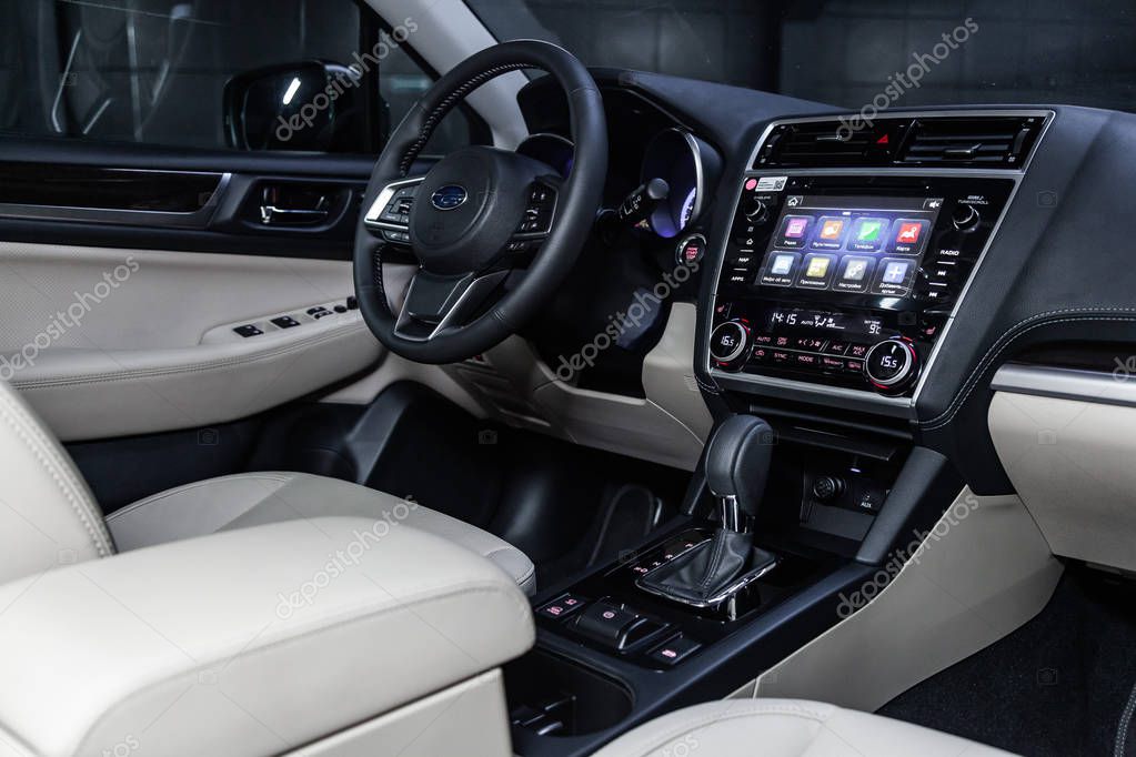 Novosibirsk, Russia - December 04, 2018: Subaru Outback, close-up of the dashboard, seats and steering wheel. Photography of a modern car on a parking in Novosibirs