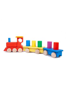 Bebek için beyaz izole zemin üzerinde arabalı ahşap bir çok renkli tren fotoğrafı.