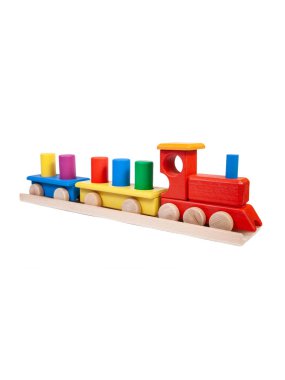 Bebek için beyaz izole zemin üzerinde arabalı ahşap bir çok renkli tren fotoğrafı.