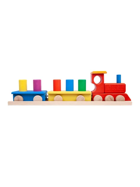 Фото Деревянного Разноцветного Поезда Автомобилями Белом Изолированном Фоне Малыша — стоковое фото