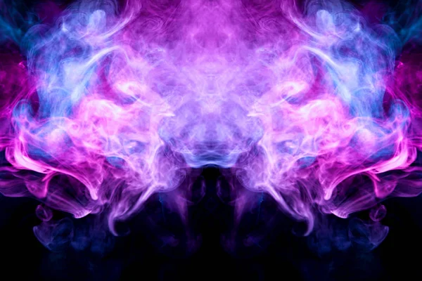 梦幻印花服装 T恤衫 运动衫 五颜六色的粉红色和蓝色烟雾在头骨的形式 龙在一个黑色孤立的背景 Vap 烟雾的背景 — 图库照片