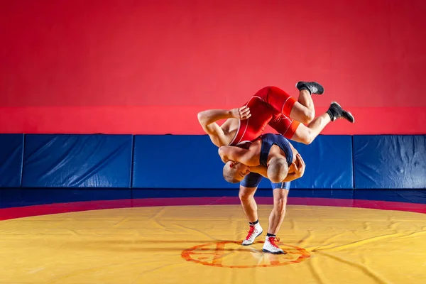 青と赤のタイツをレスリングで つの若い男性は Wrestlng とジムでカーペットをレスリング黄色の腰投げを作るします 公正なレスリングの概念 — ストック写真