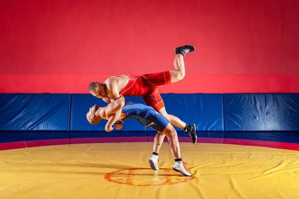 Mavi Kırmızı Tayt Güreş Iki Güçlü Güreşçiler Wrestlng Bir Sarı — Stok fotoğraf
