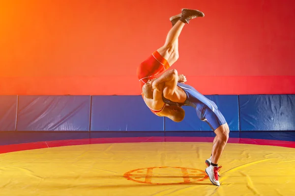 青と赤のレスリング タイツの つの強い力士は Wrestlng とジムでカーペットをレスリング黄色の腰投げレスリングを作るします 格闘をやって若い男 — ストック写真